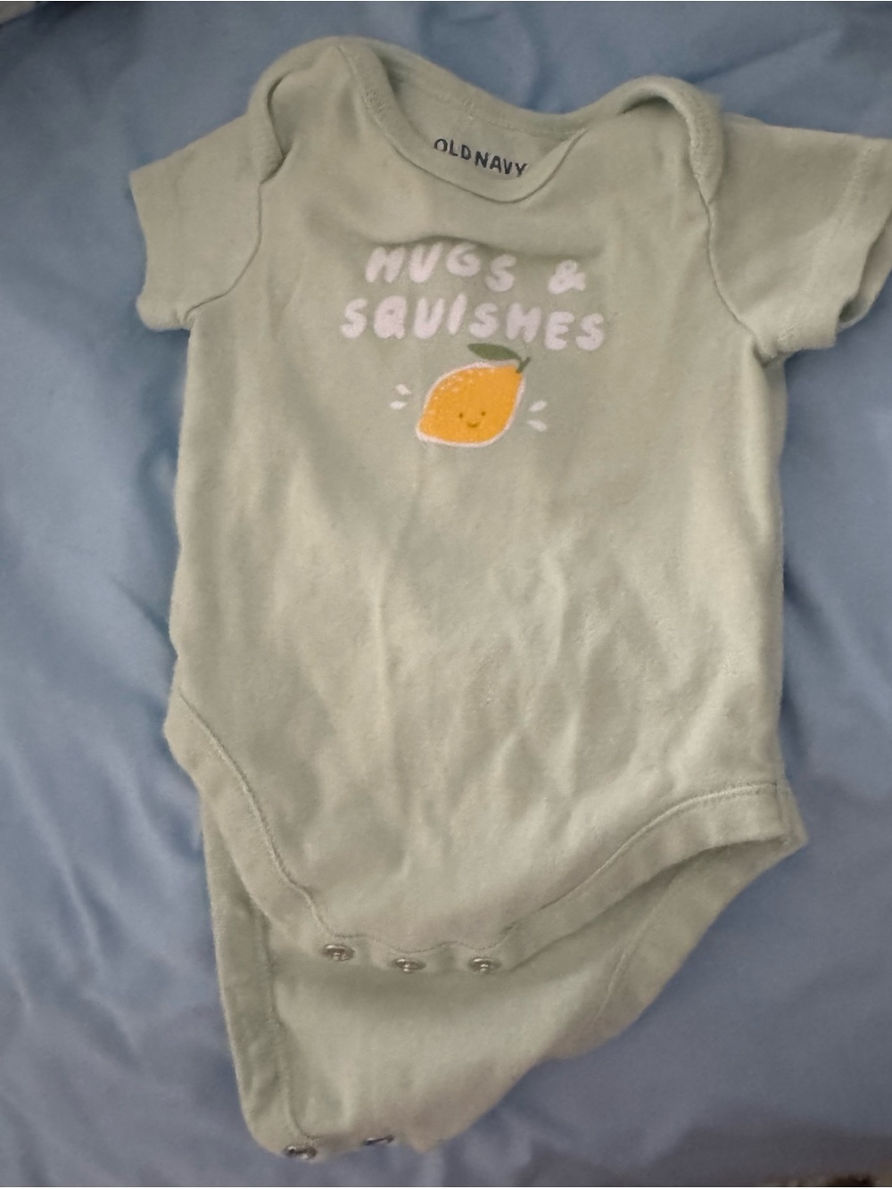 Old Navy Sage Green 'Hugs & Squishes' Baby One-Piece with Orange Fruit Graphic